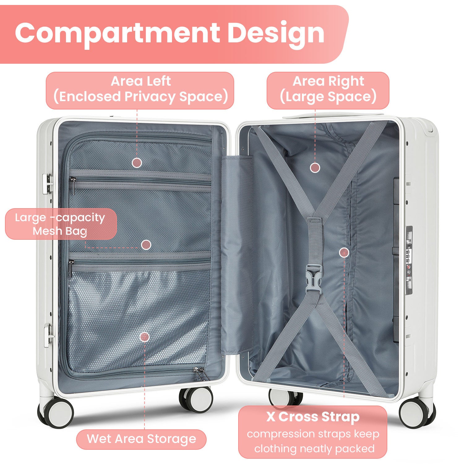 Aluminum Frame 20 Inch with Front Open Carry-on Luggage, PC Hard Shell