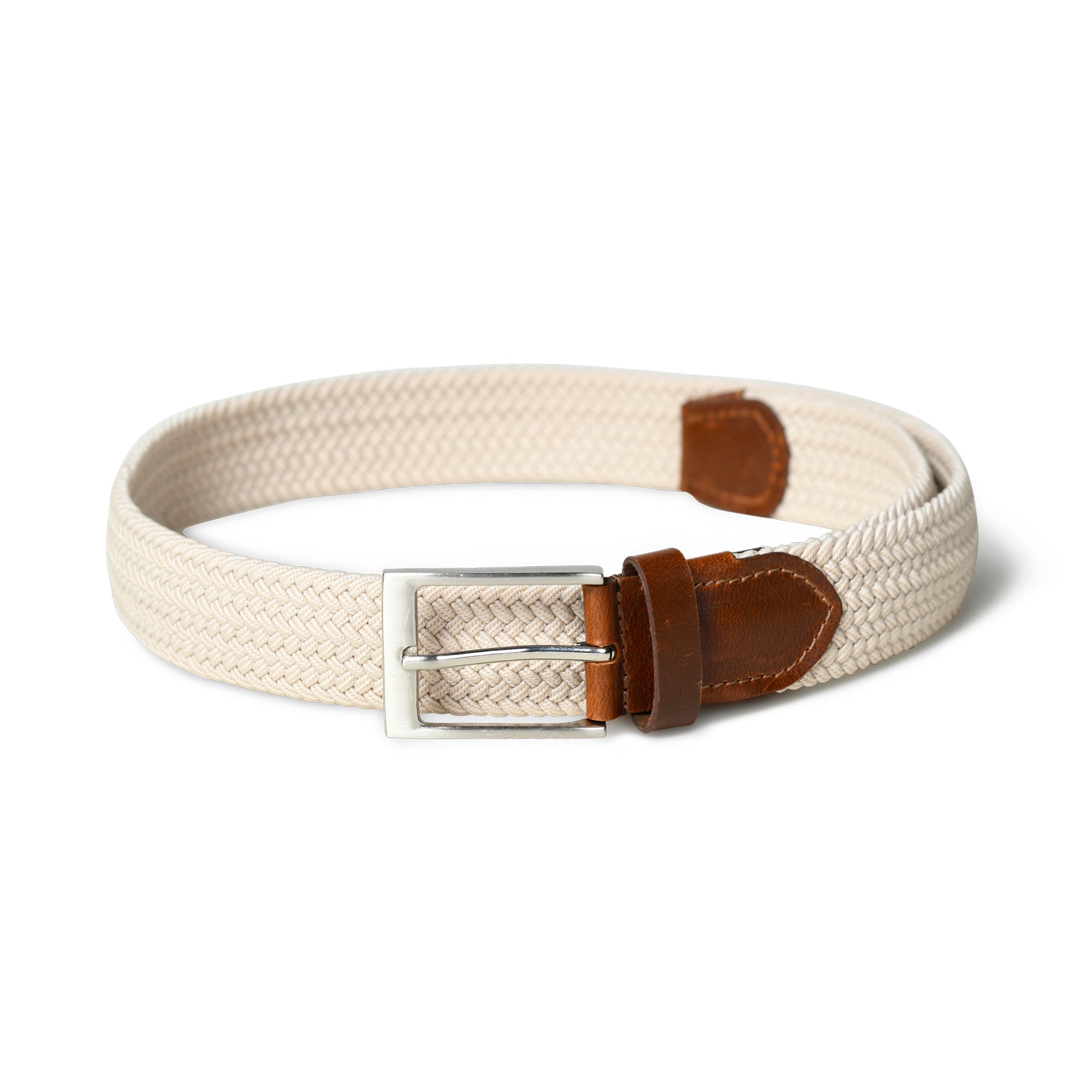 Beige woven belt with brown leather accents and a silver buckle on a white background