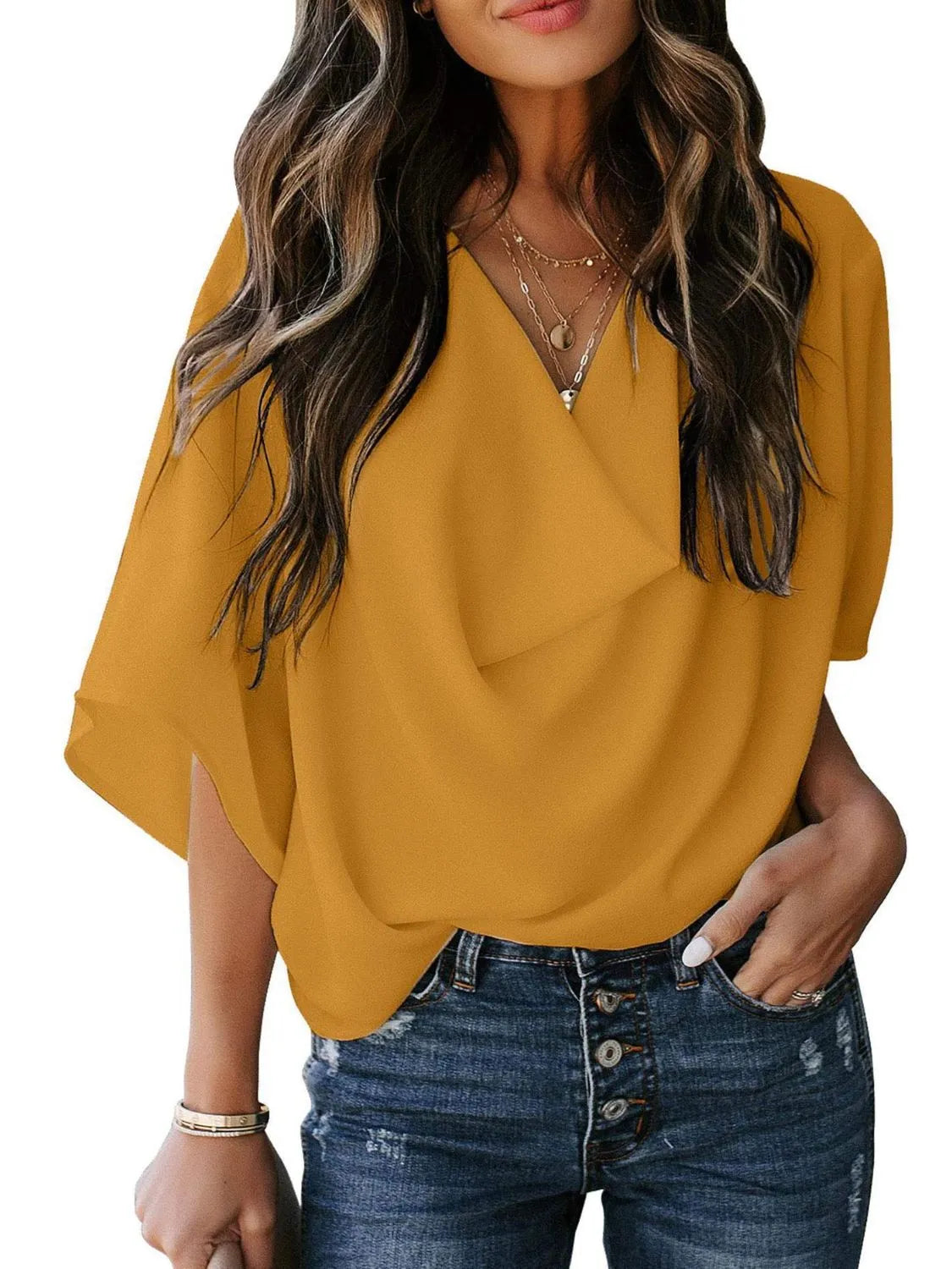 Full Size Ruched Three-Quarter Sleeve Blouse