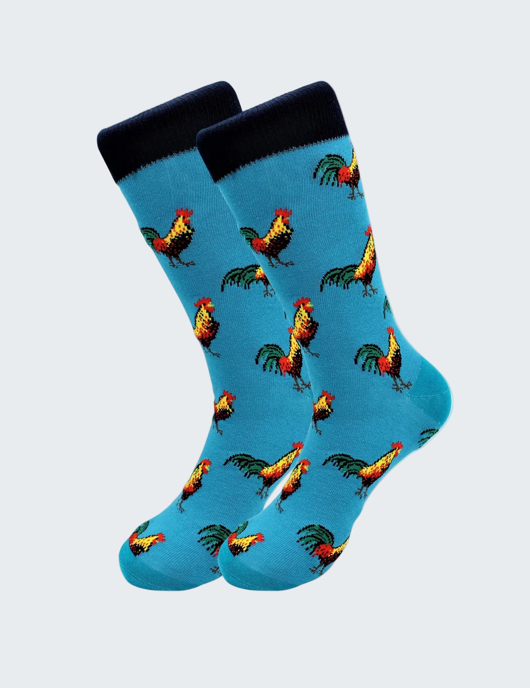 Blue socks with rooster pattern on a white background