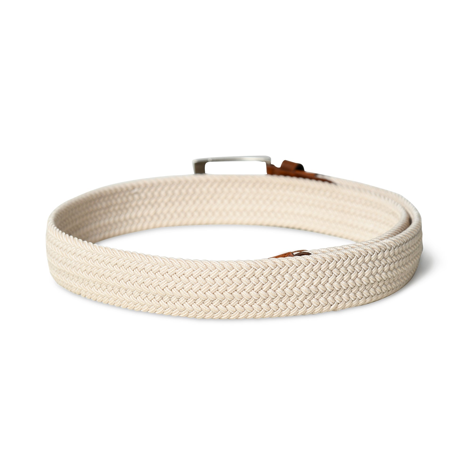 Beige woven belt with a silver buckle on a white background