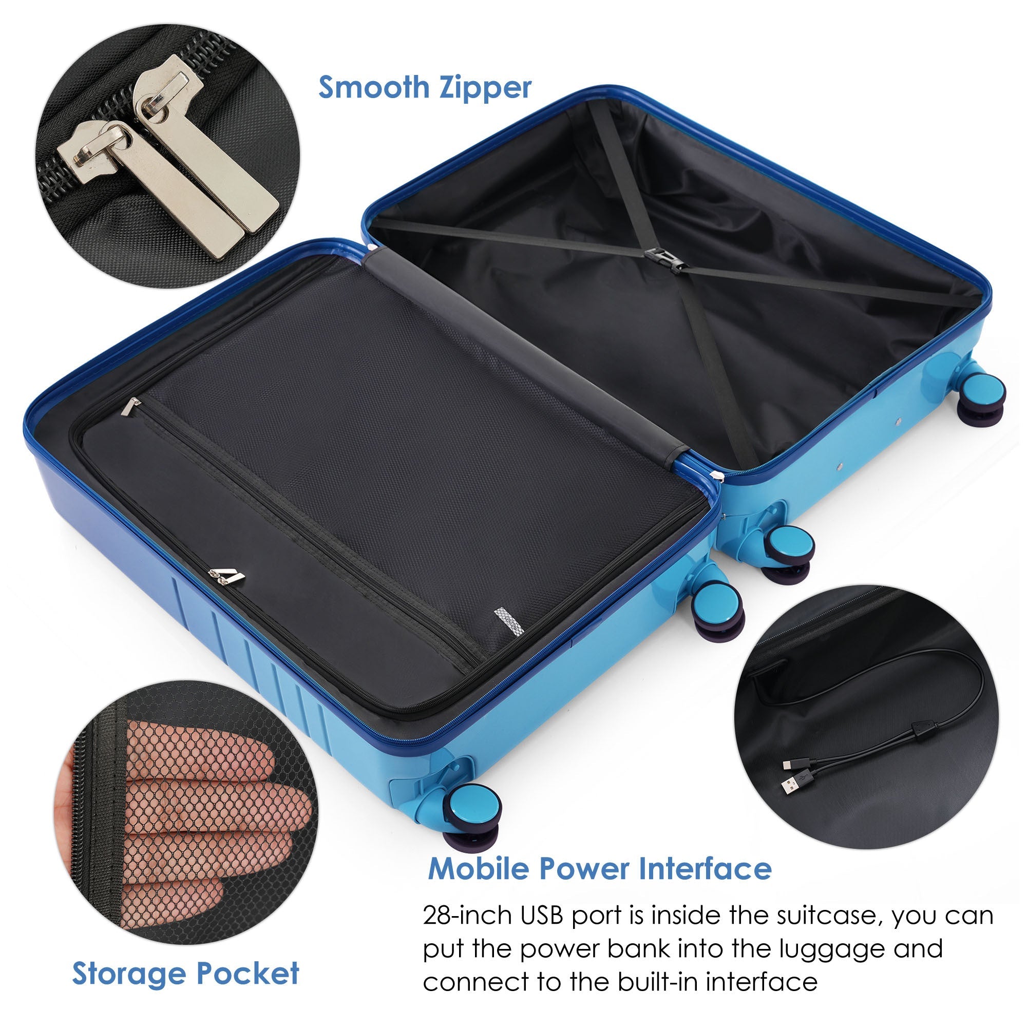 Blue Set of Four with USB Port with Open Front and Travel Bag