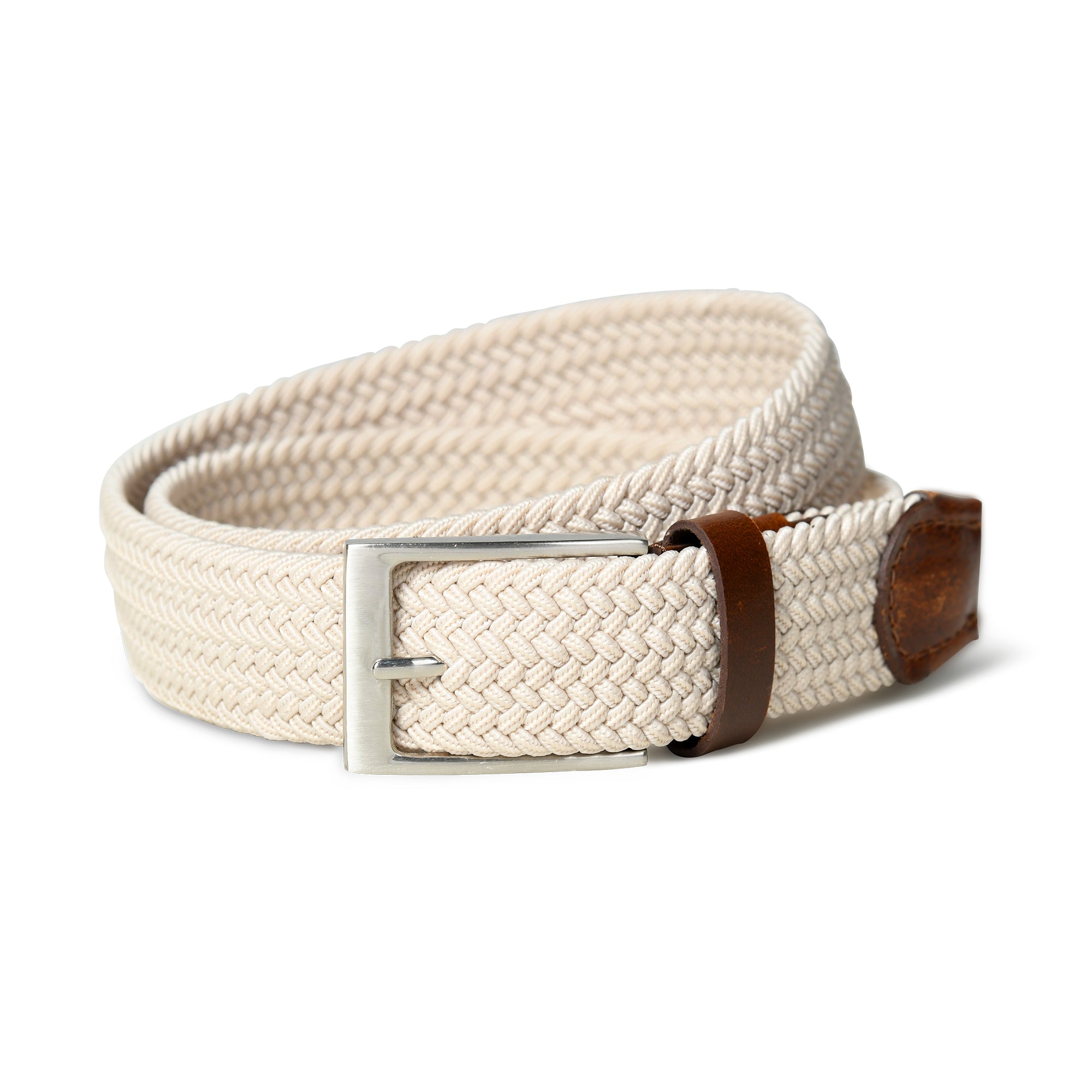Beige woven belt with a brown leather strap and silver buckle on a white background