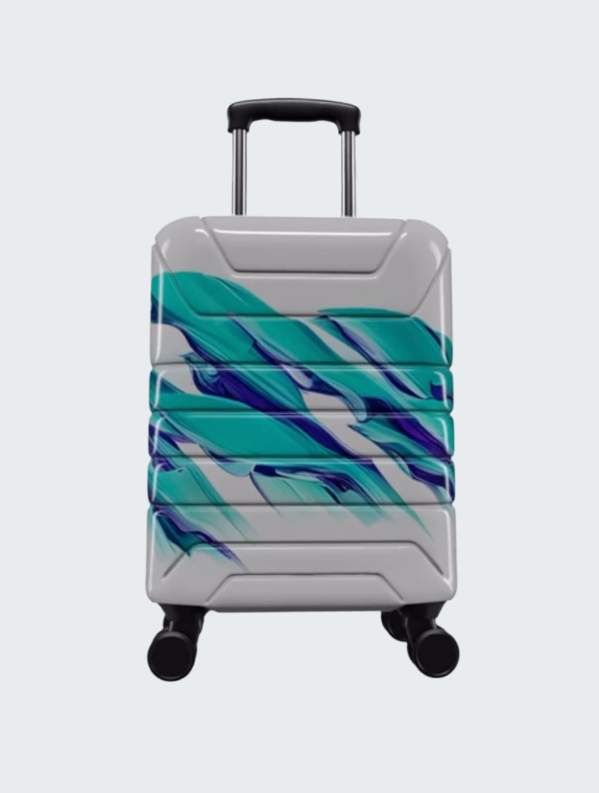 Silver suitcase with blue and green abstract design on a white background