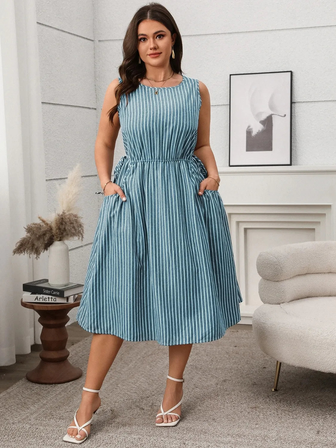Plus Size Striped Round Neck Sleeveless Dress