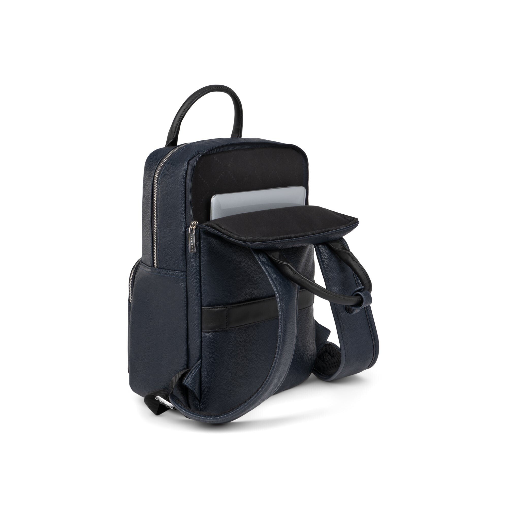 Black backpack with a laptop compartment on a white background