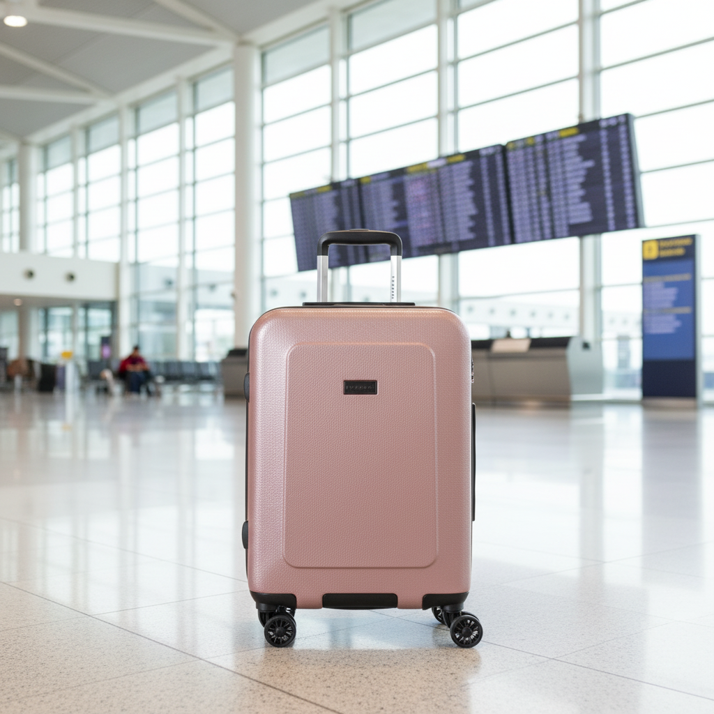 Rose gold suitcase with black wheels on a white background