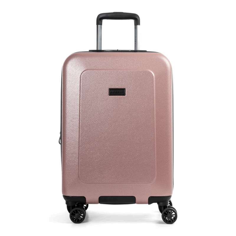 Rose gold suitcase with black wheels on a white background