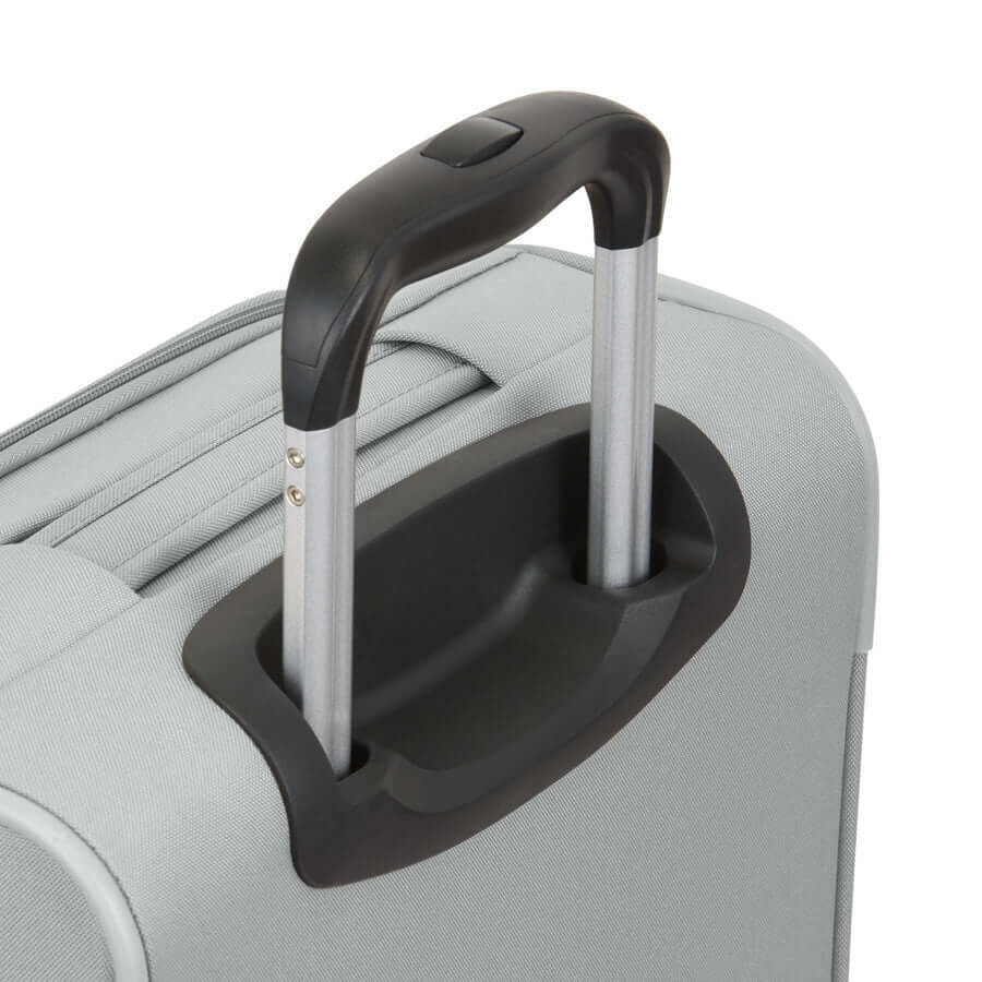 Gray suitcase with black handle and silver telescopic pole on a white background