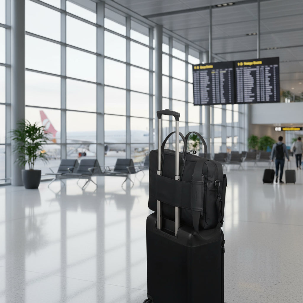 Black backpack with rolling handle attached to a suitcase on a white background