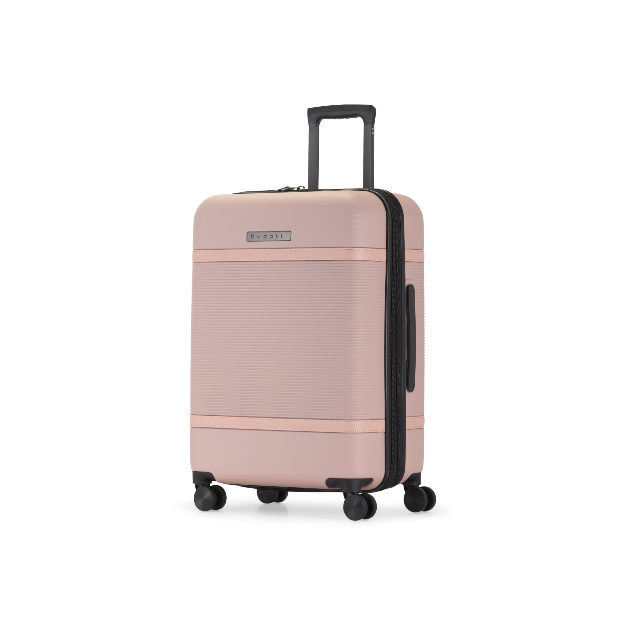 Pink suitcase with black wheels and handle on a white background