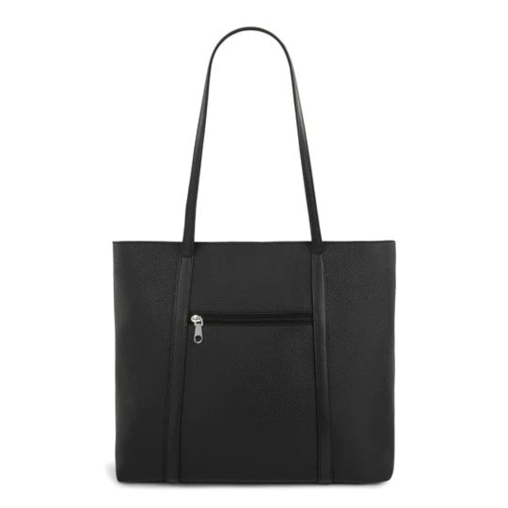 Black tote bag with a zipper pocket on a white background