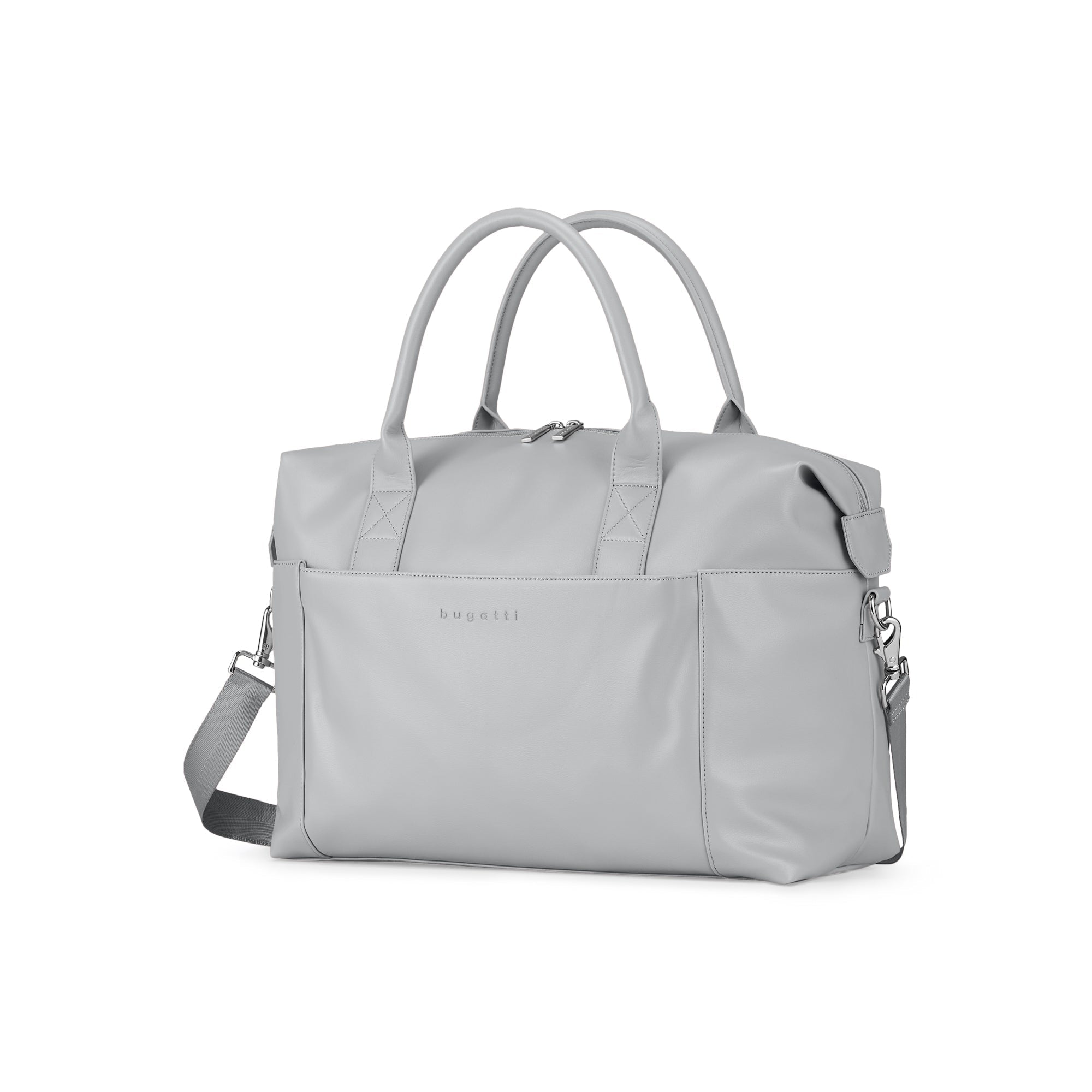 Gray handbag with a visible brand name on a white background