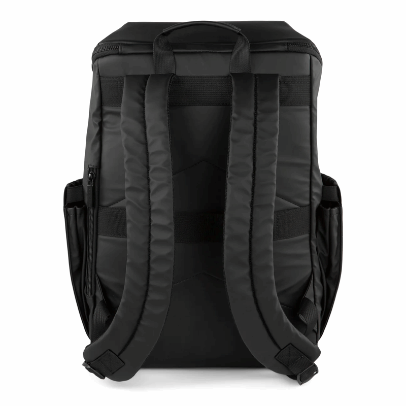 Black backpack shown from the back on a white background