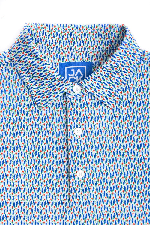 Patterned shirt with a visible brand logo on a white background