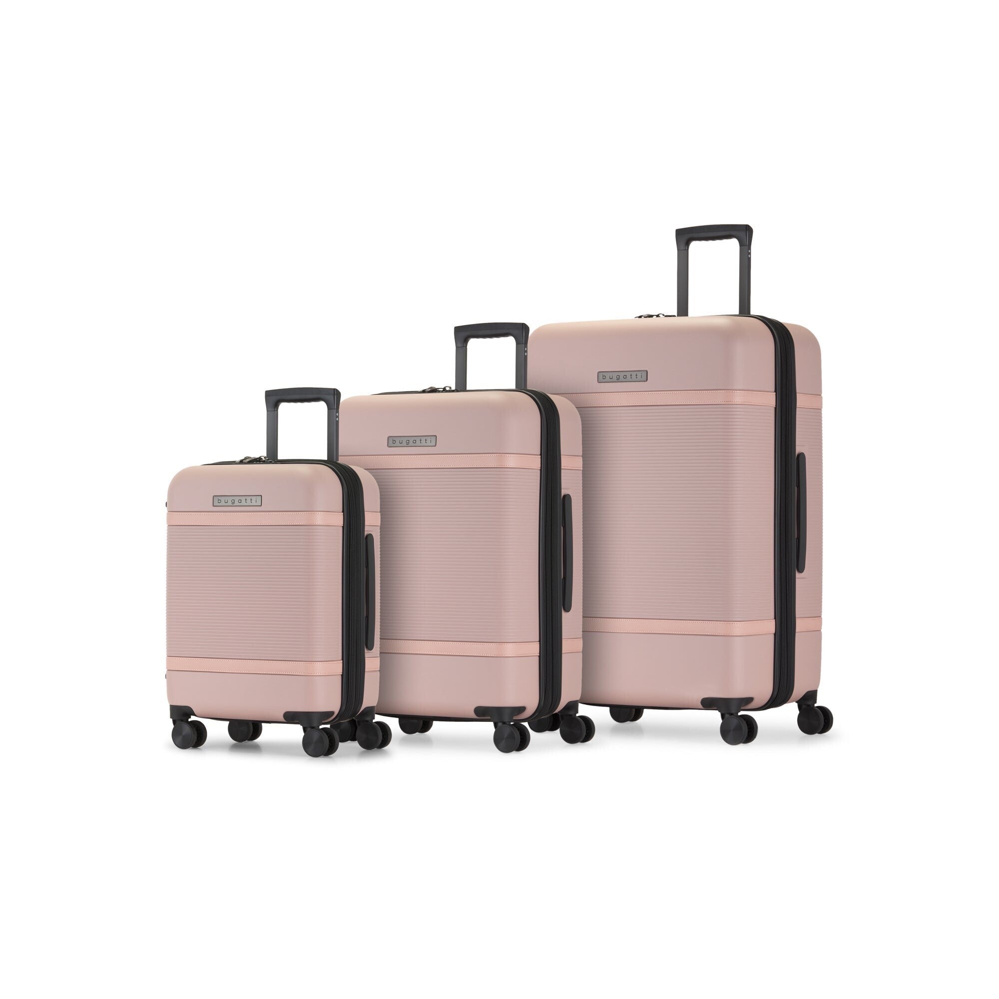 Set of three pink suitcases of different sizes on a white background