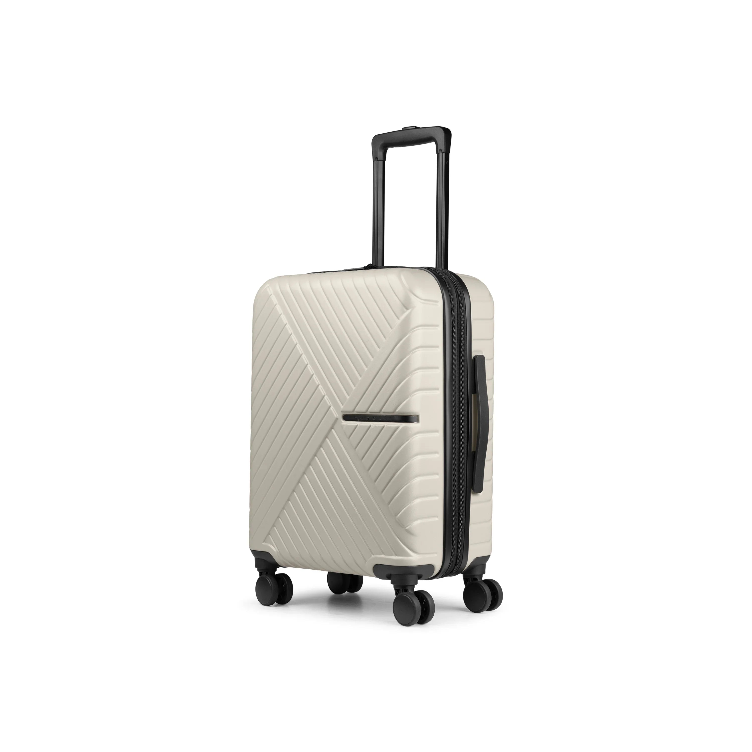 White suitcase with black wheels and handle on a white background