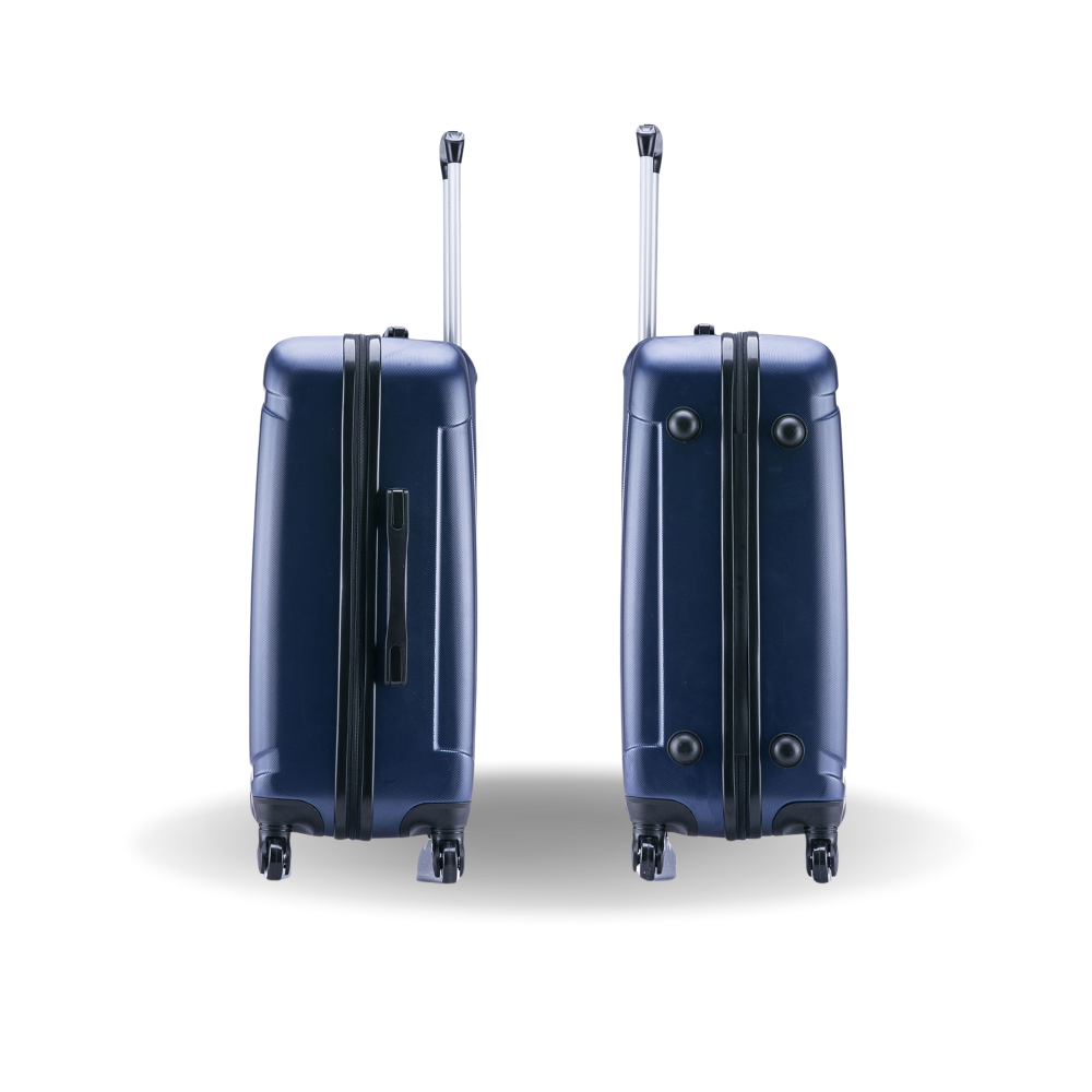 Two navy blue suitcases with wheels and handles on a white background