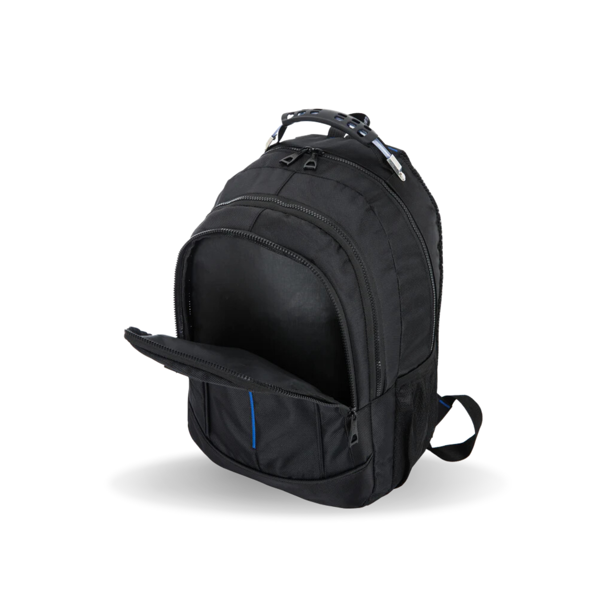 Black backpack with an open front pocket on a white background
