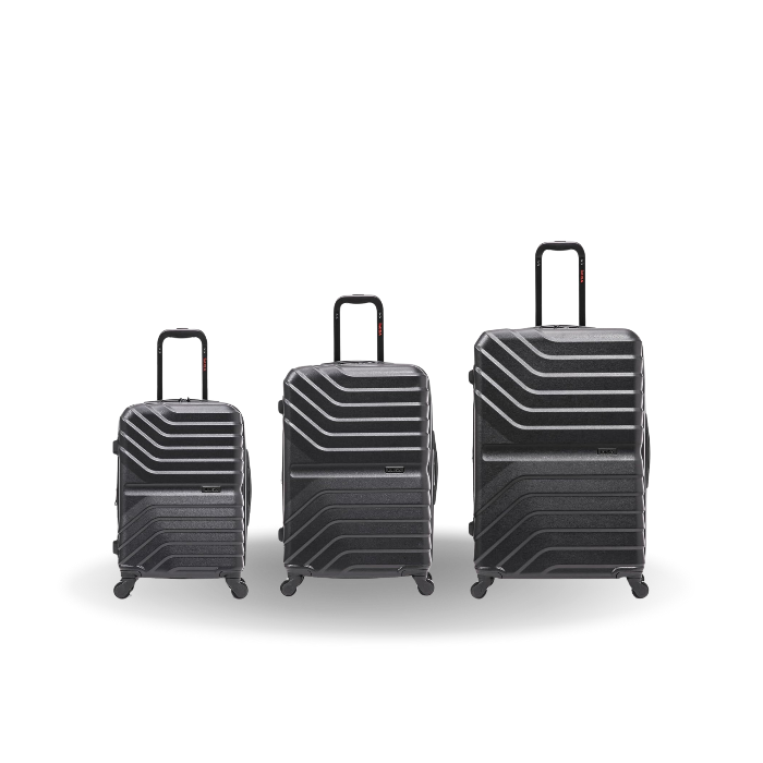 Three black suitcases of different sizes on a white background