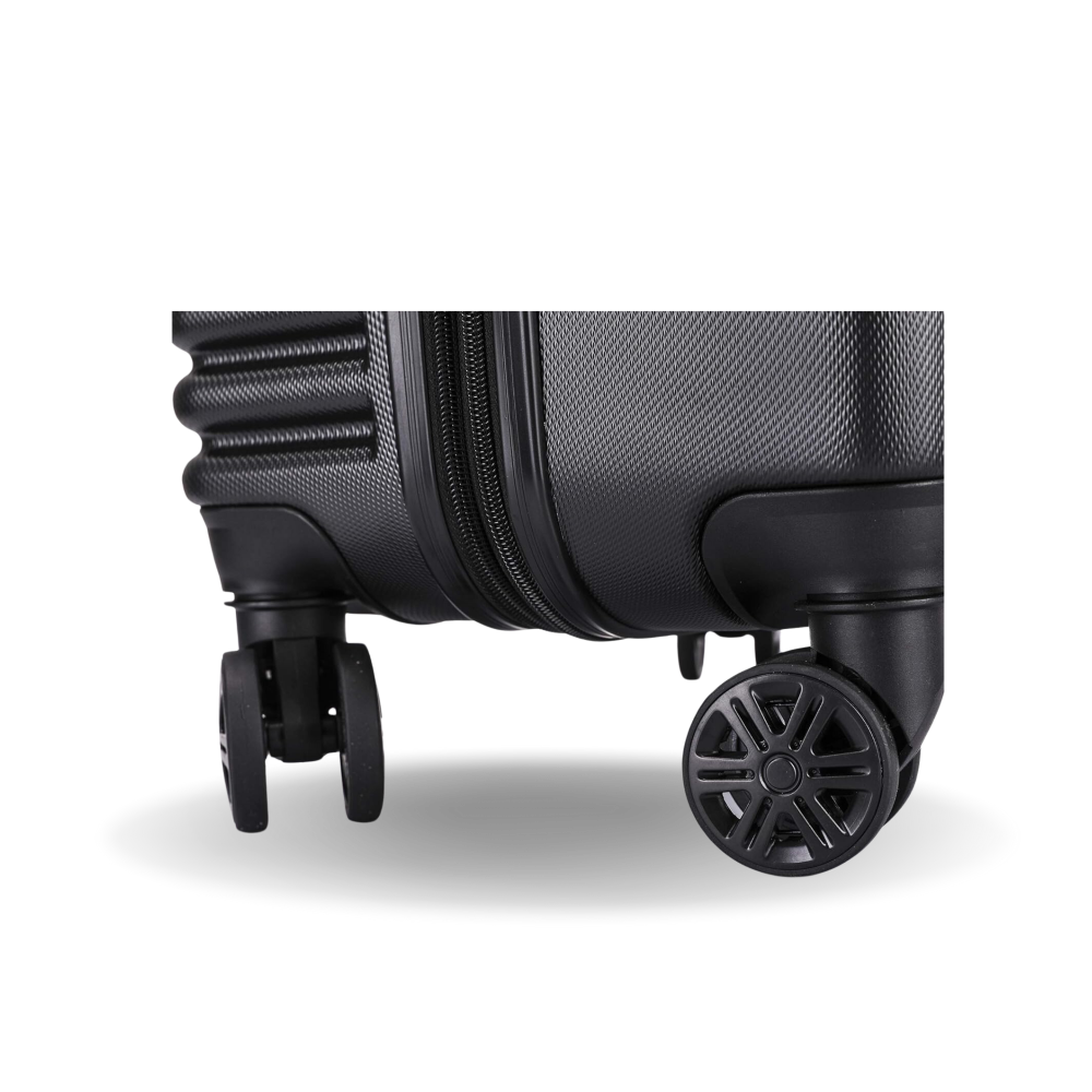 Close-up of a black suitcase with wheels on a white background