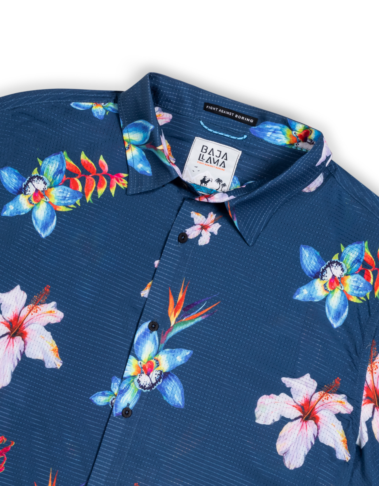 Navy blue polo shirt with colorful floral pattern on a white background