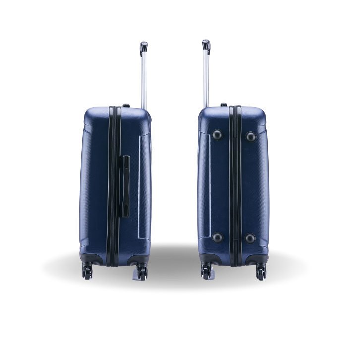 Two navy blue suitcases with wheels on a white background