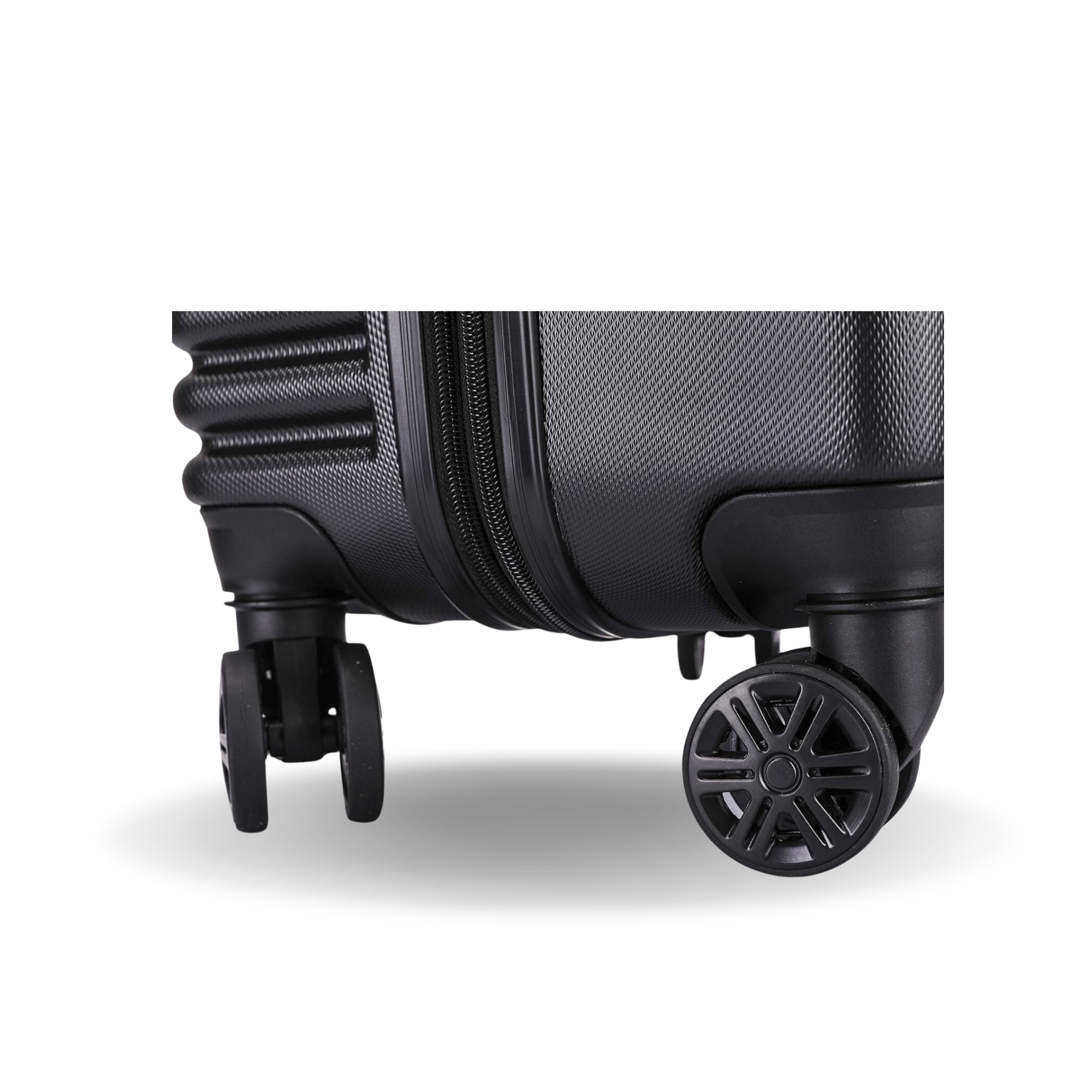 Close-up of a black suitcase with wheels on a white background