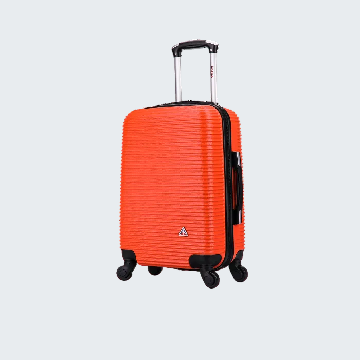 Orange suitcase with black wheels and handle on a white background