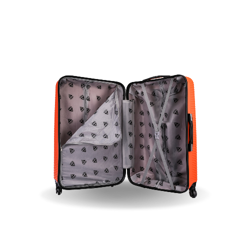 Orange suitcase with open lid showing gray interior with pattern