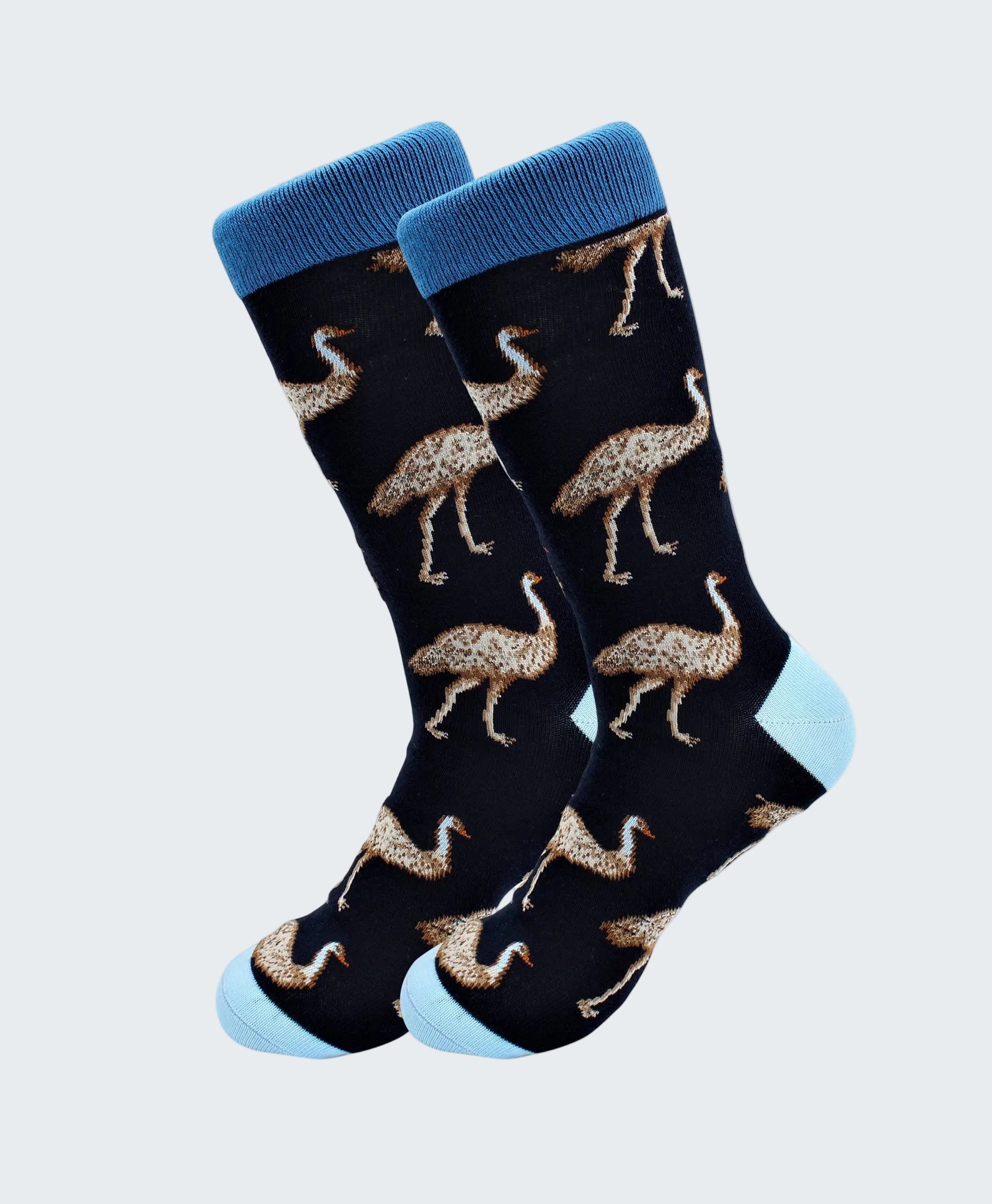 Pair of socks with ostrich pattern on a white background