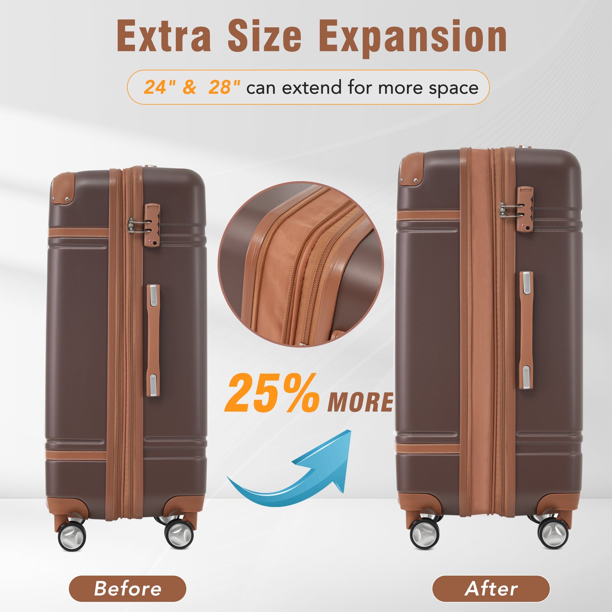 Brown Hardshell Luggage Set and Cosmetic Case Spinner Suitcase with TSA Lock 