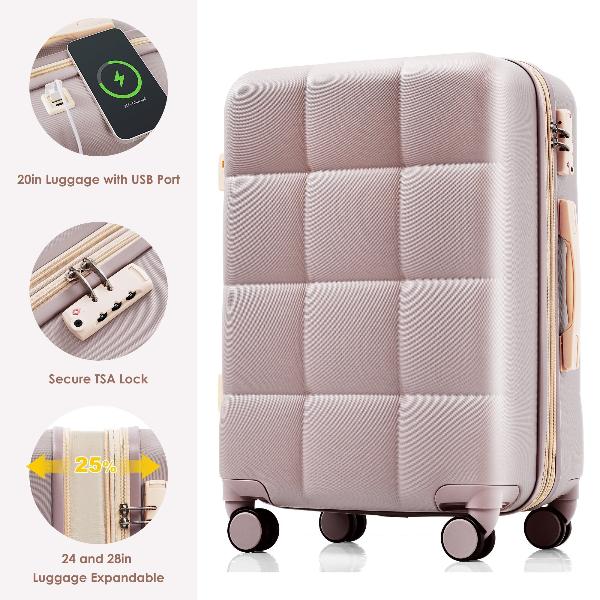 Four Piece with USB Port and Expandable ABS Durable Luggage Set