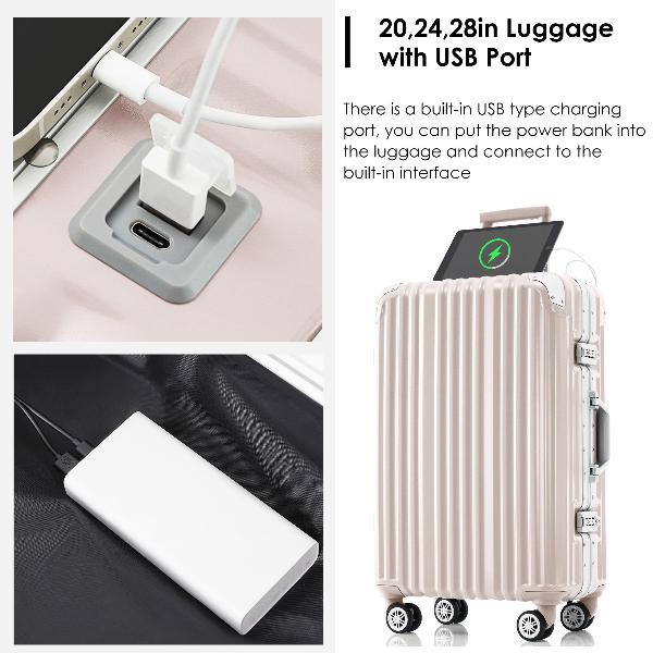 1pc 24in Aluminum Frame Luggage with USB port, Vacation Carry-On