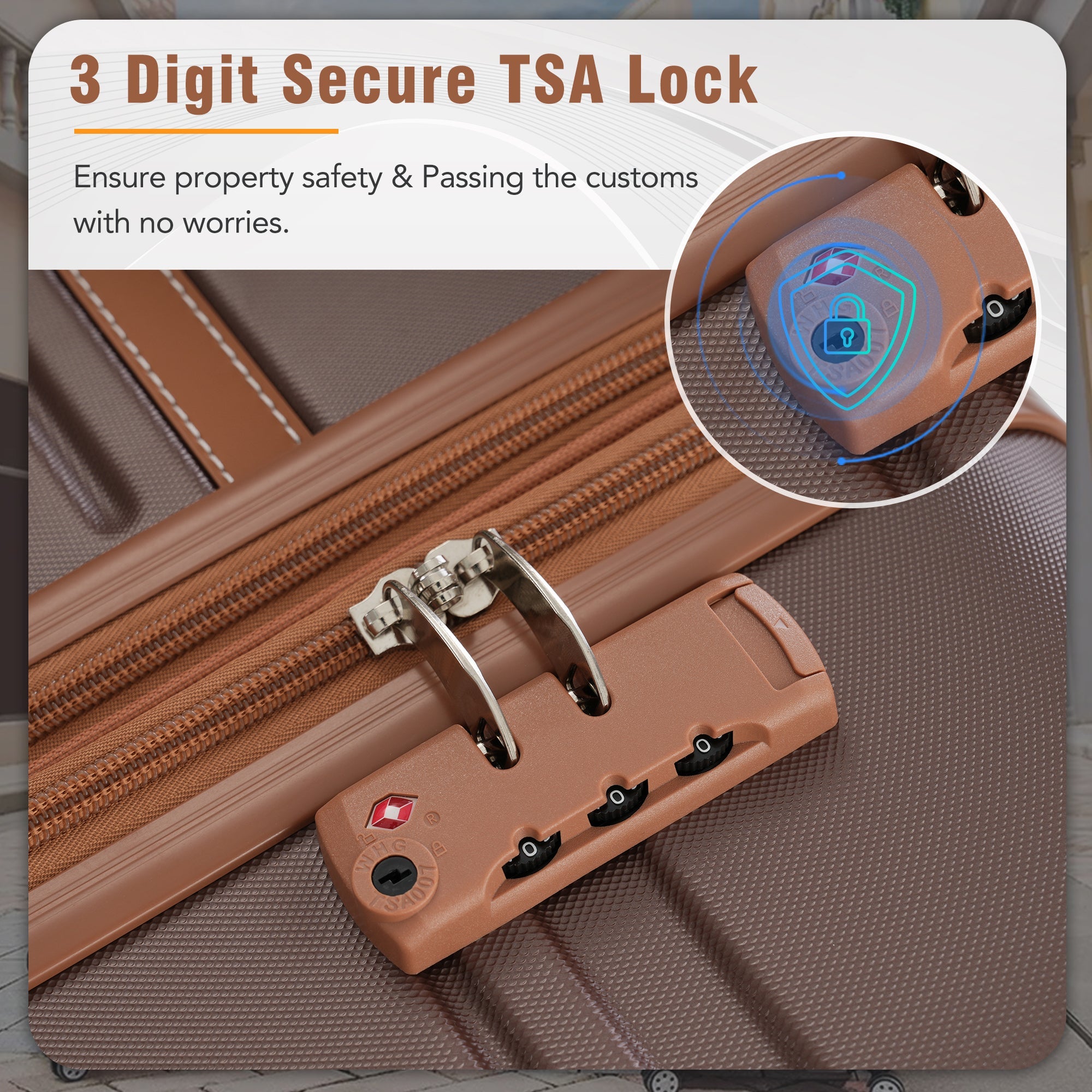 Brown Hardshell Luggage Set and Cosmetic Case Spinner Suitcase with TSA Lock 
