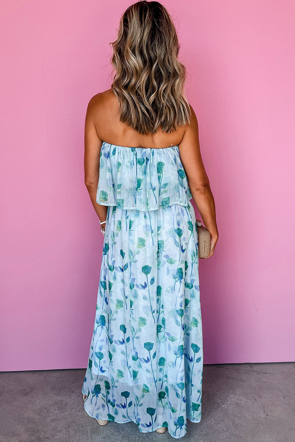 Green Floral Print Ruffled Side Slit Tube Maxi Dress