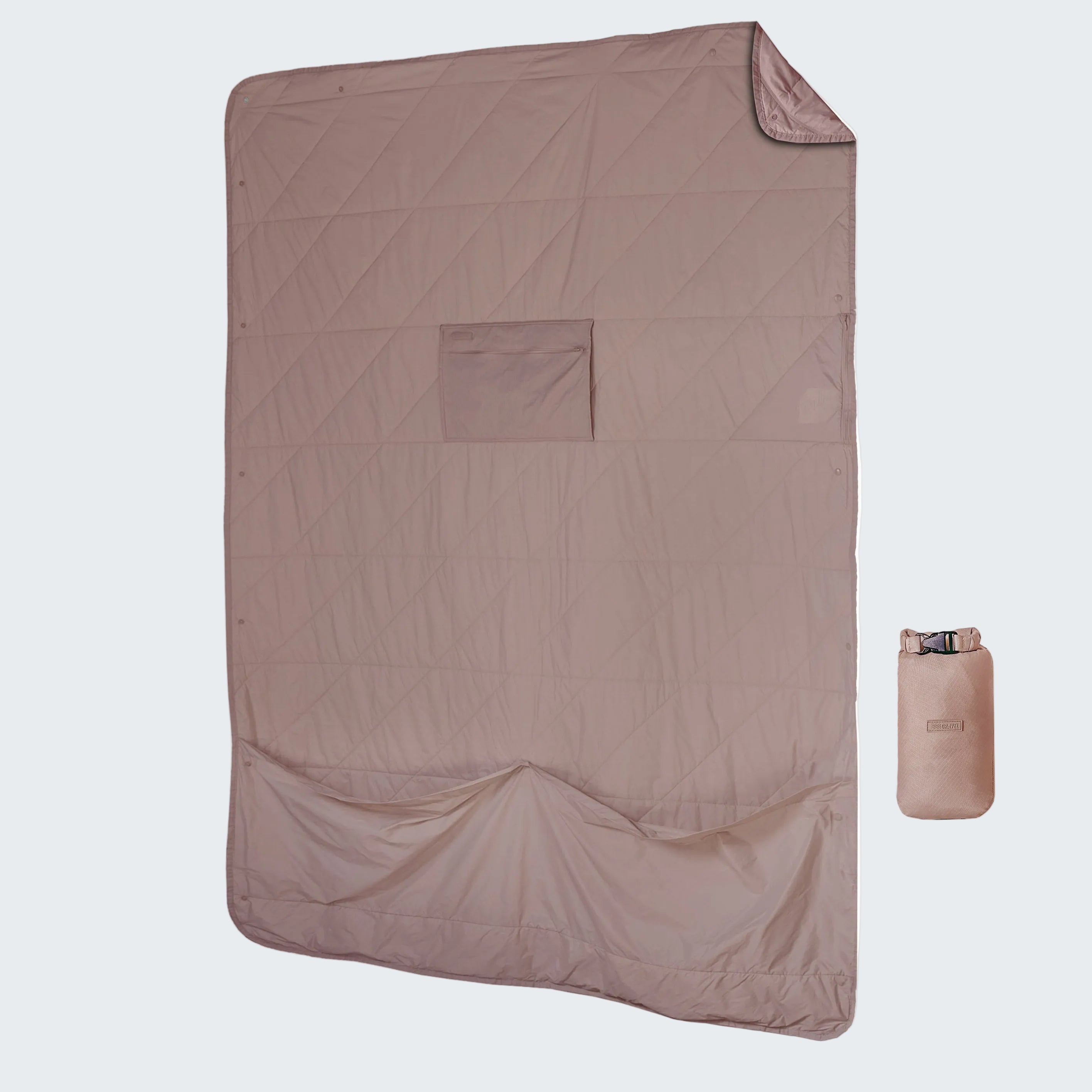 Beige camping blanket with a small pouch on a white background