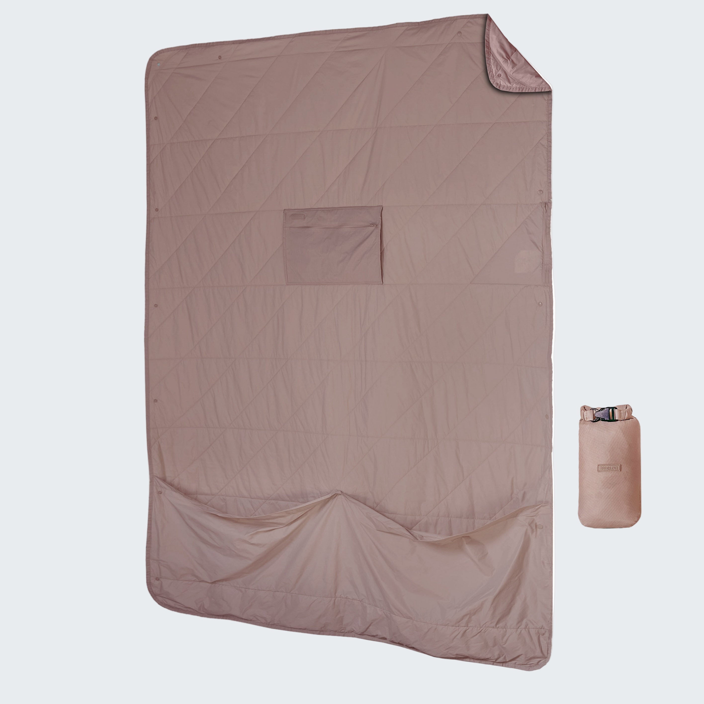 Beige outdoor blanket with a small pouch on a white background
