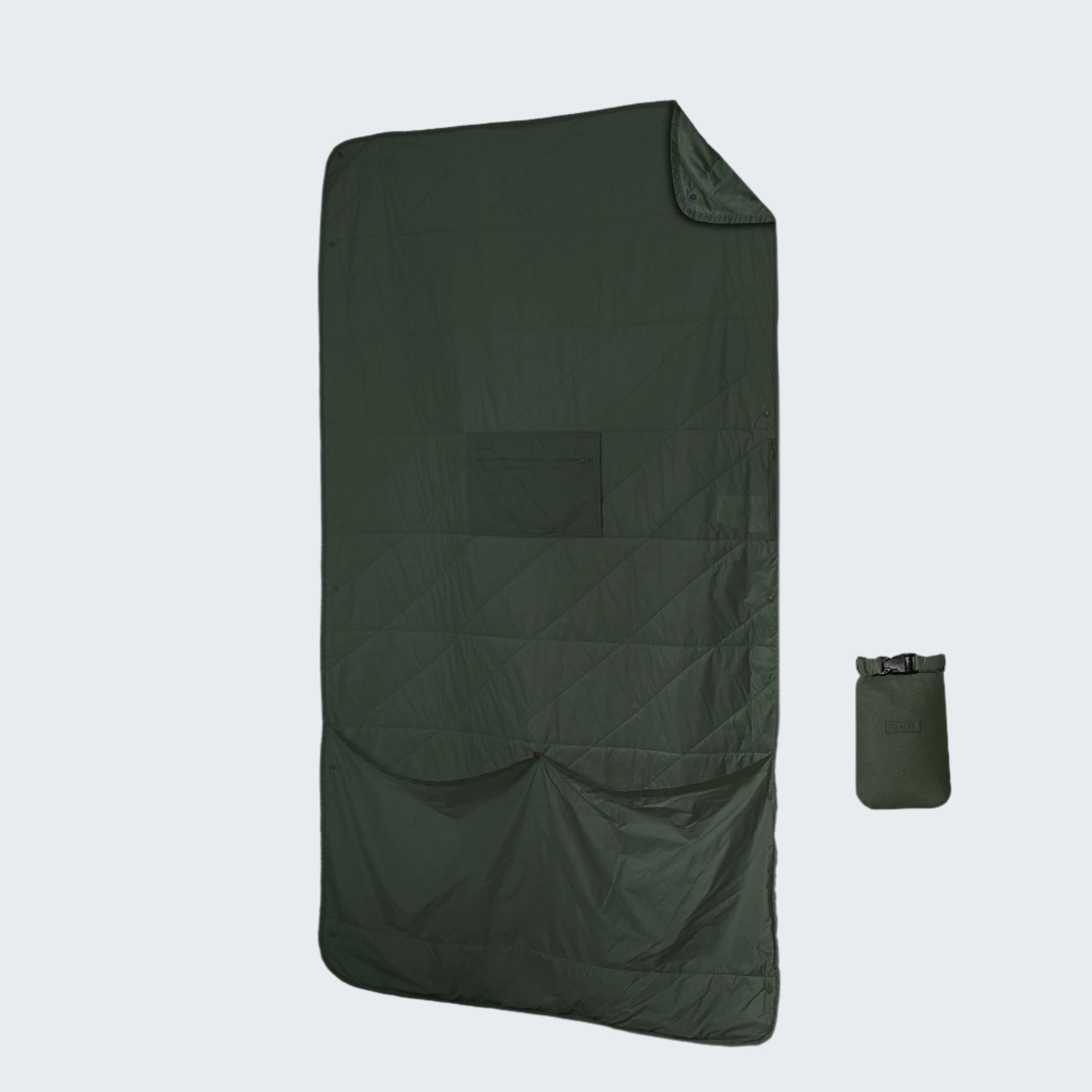 Green quilted blanket with a small pouch on a white background
