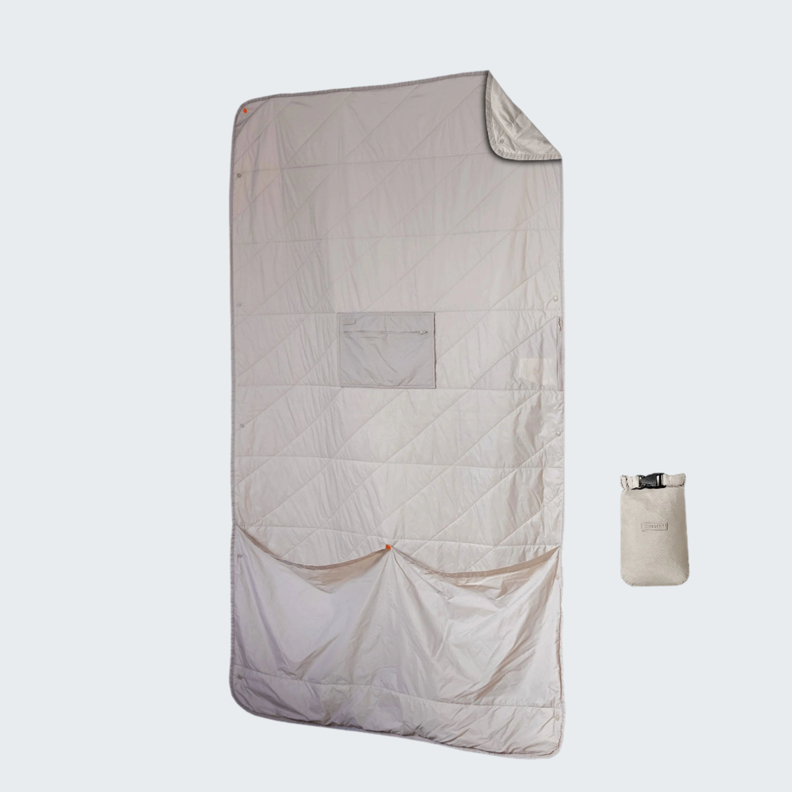 Light gray quilted cover with a small pouch on a white background