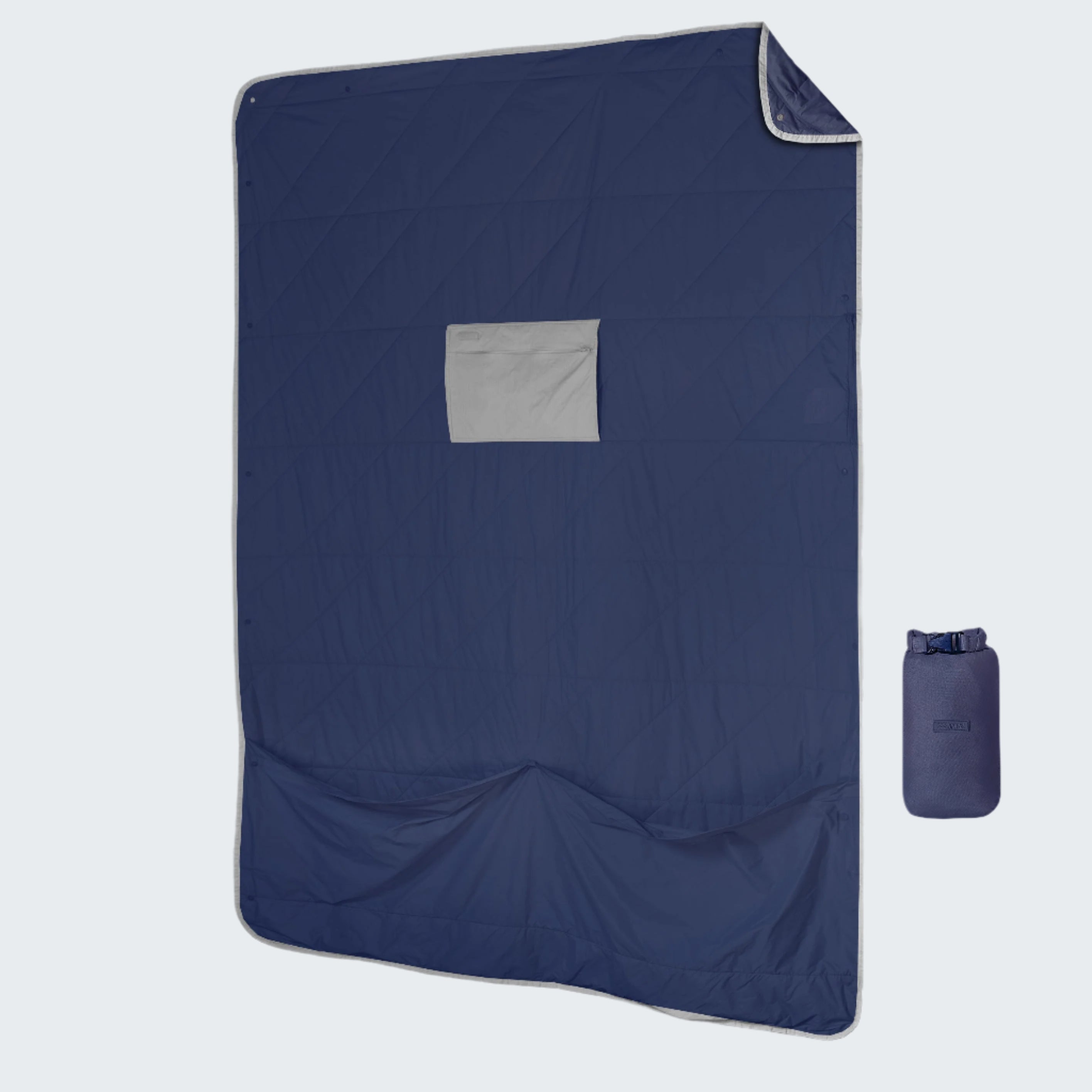 Blue camping mat with a gray pocket and matching pouch on a white background
