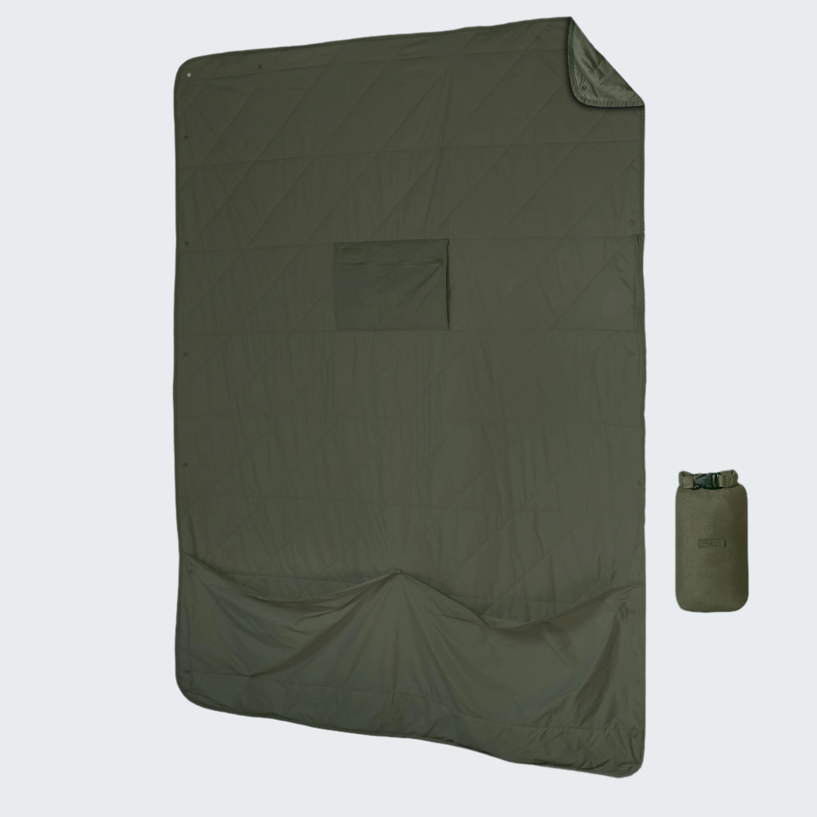 Green camping blanket with a small pouch on a white background