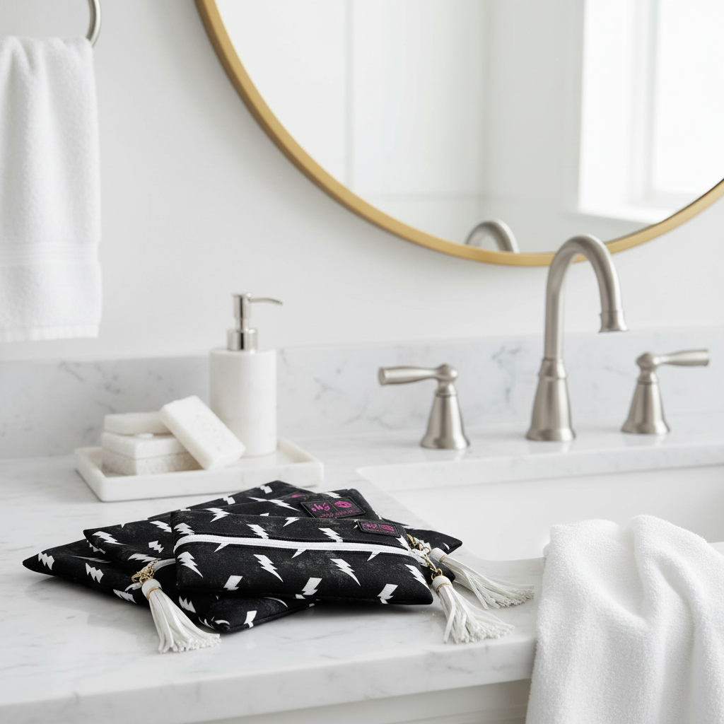 Black bags with white lightning bolt patterns and visible brand logos on a white background