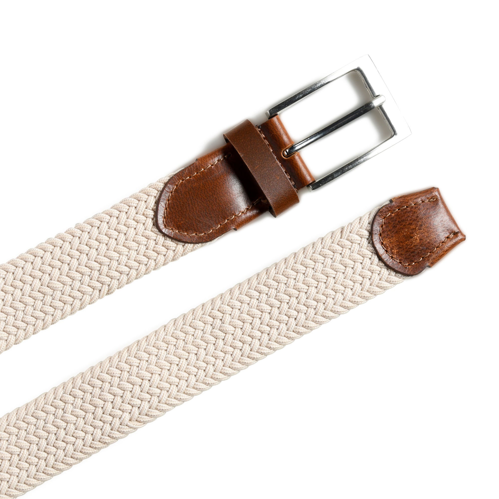Beige woven belt with brown leather ends and buckle on a white background
