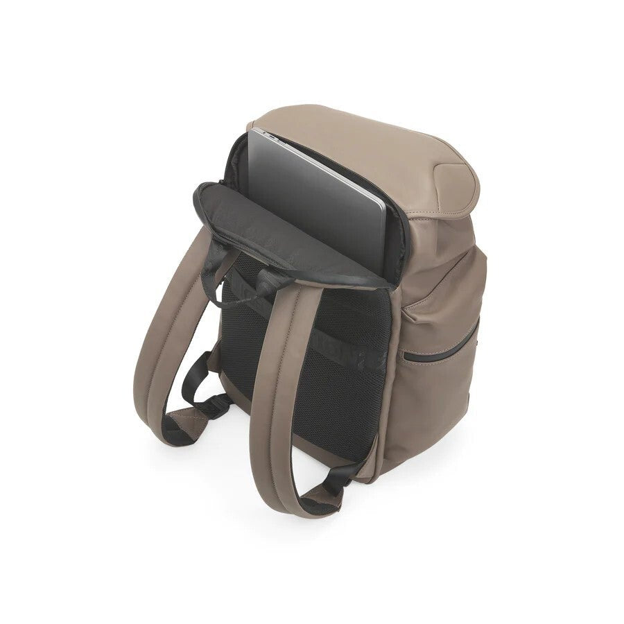 Brown backpack with a detachable phone case on a white background