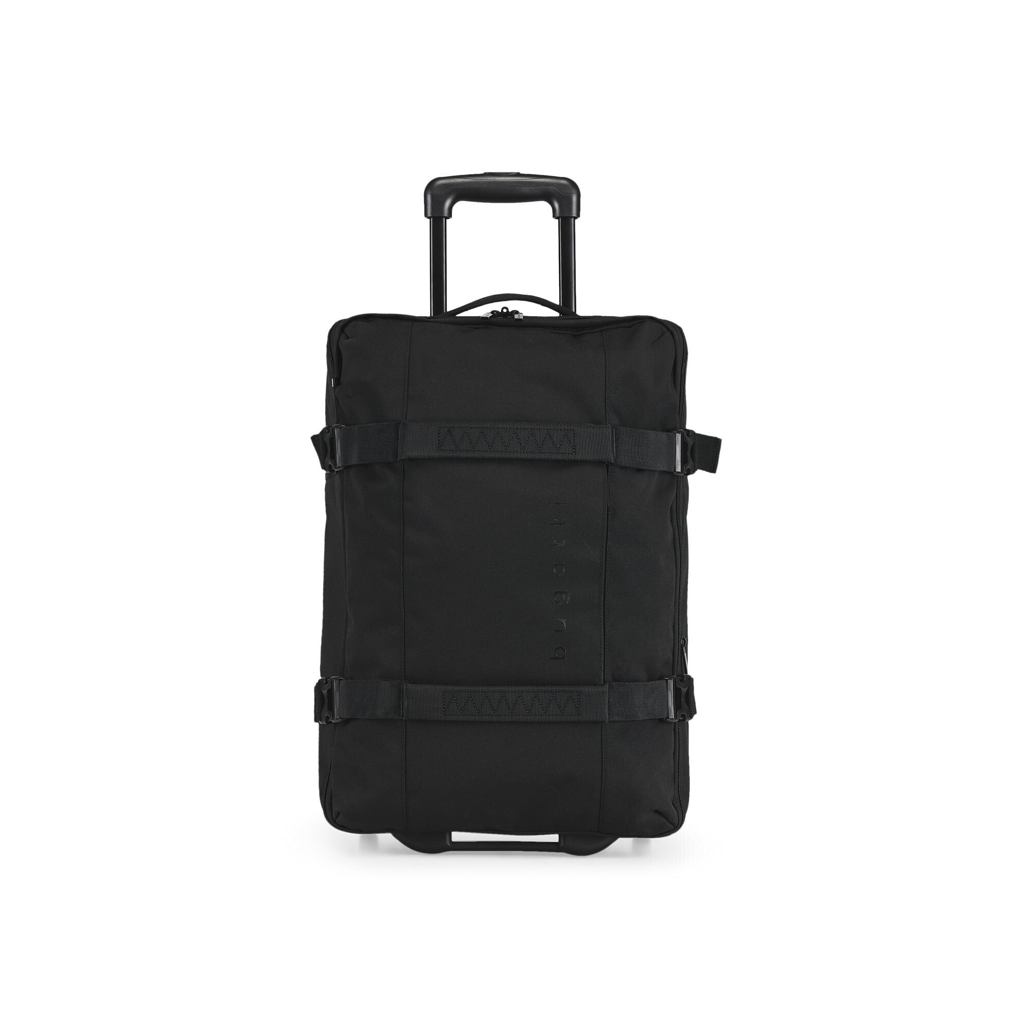 Black rolling suitcase on a white background
