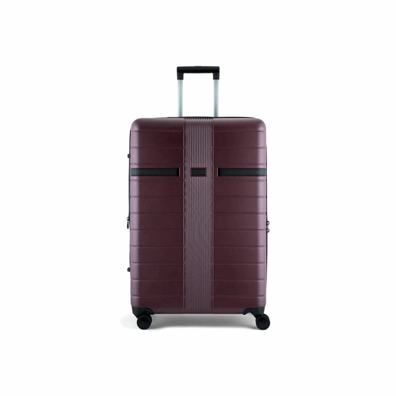 Maroon suitcase with black accents on a white background
