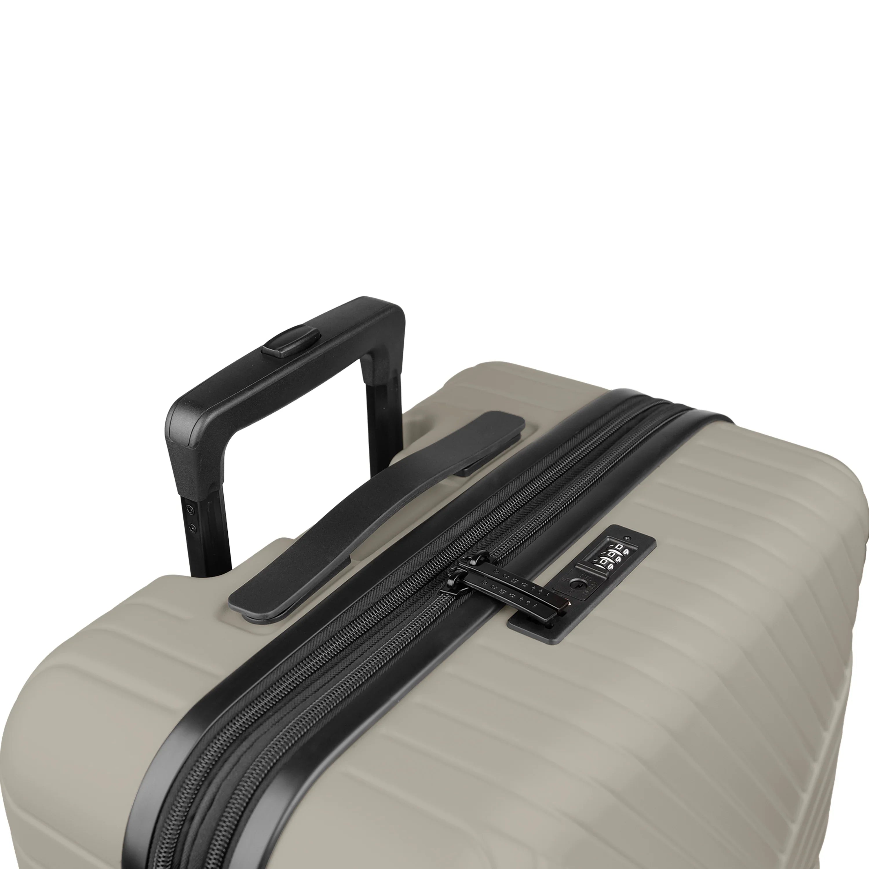 Beige suitcase with black handle and zipper on a white background