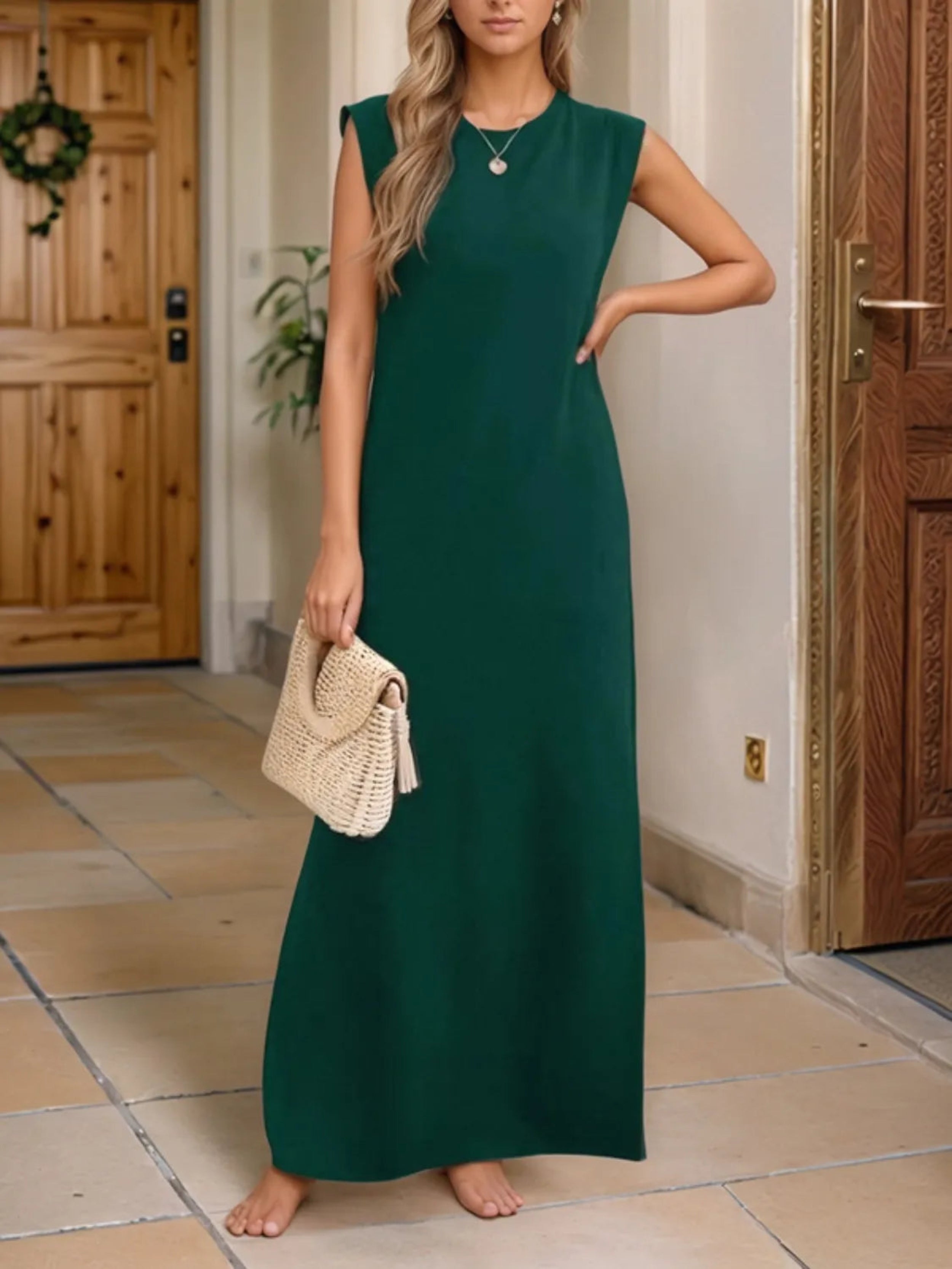 Full Size Slit Round Neck Sleeveless Maxi Tank Dress