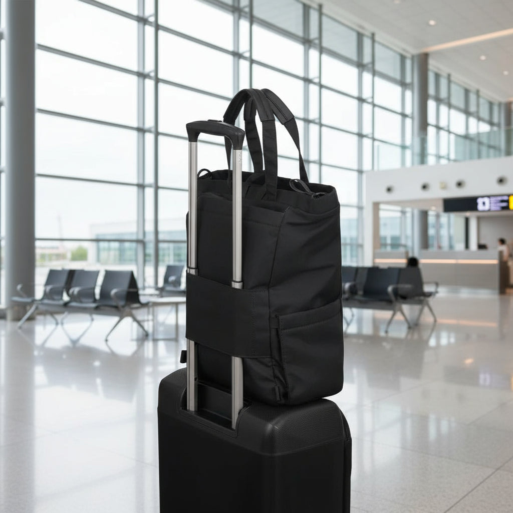 Black rolling bag stacked on a black suitcase against a white background